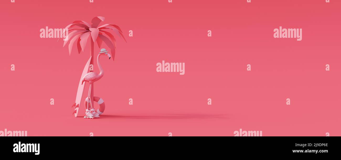 Pink Flamingo auf Rollschuhe mit Palme und Surfbrett. Sommerreisekonzept 3D Render 3D Illustration Stockfoto