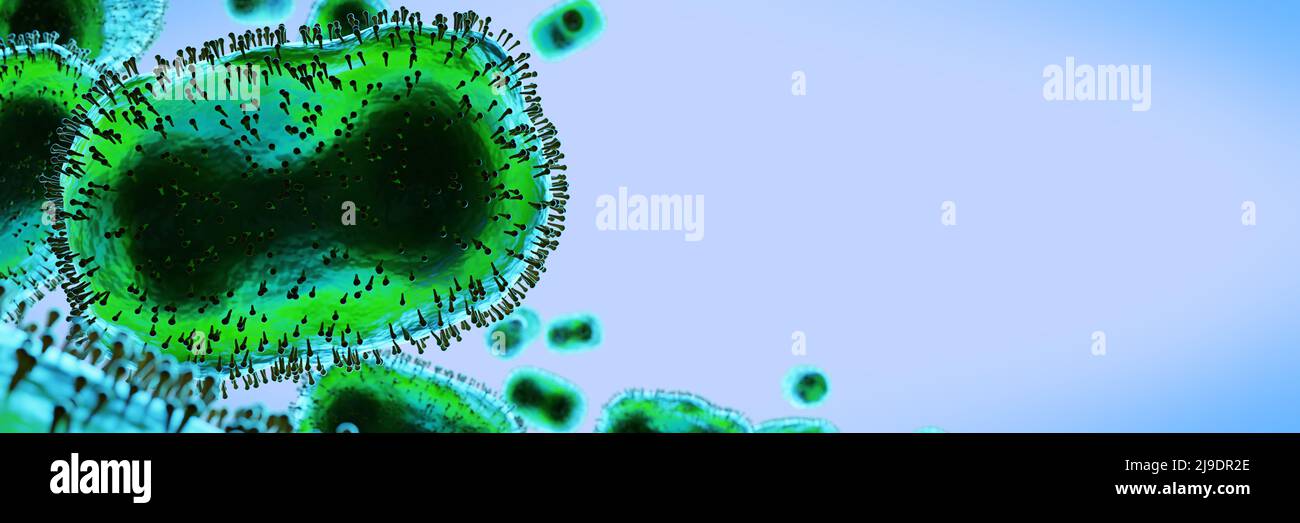 Monkeypox-Virus, infektiöse Zoonose-Krankheit, Hintergrundbanner mit leerem Raum Stockfoto