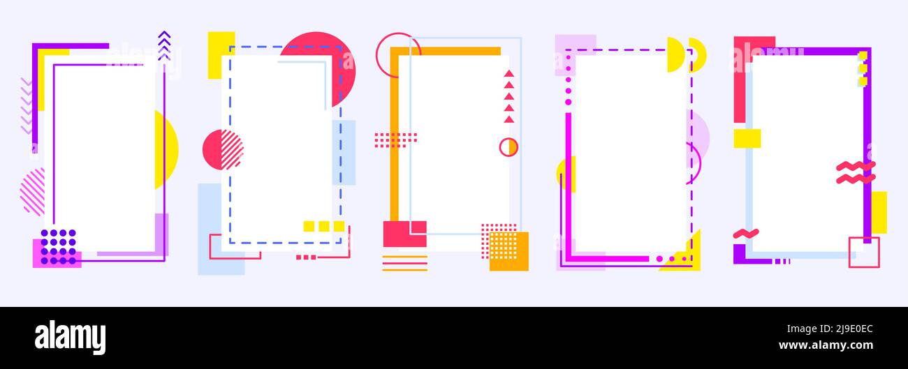Memphis geometrischer Rahmen Retro Kartenfarbe Flat Set. Story Frame Social-Media-Poster-Anzeigen Produktflyer zu füllen fett Hipster Retro Mode Banner abstrakt umreißen bunt quadratisch rechteckige Form Vektor Stock Vektor