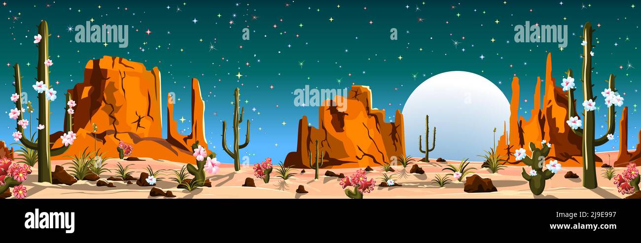 Sandige Wüste mit Kakteen. Berge und Steine. Nacht in der Wüste. Mondschein. Sterne am Himmel. Stock Vektor
