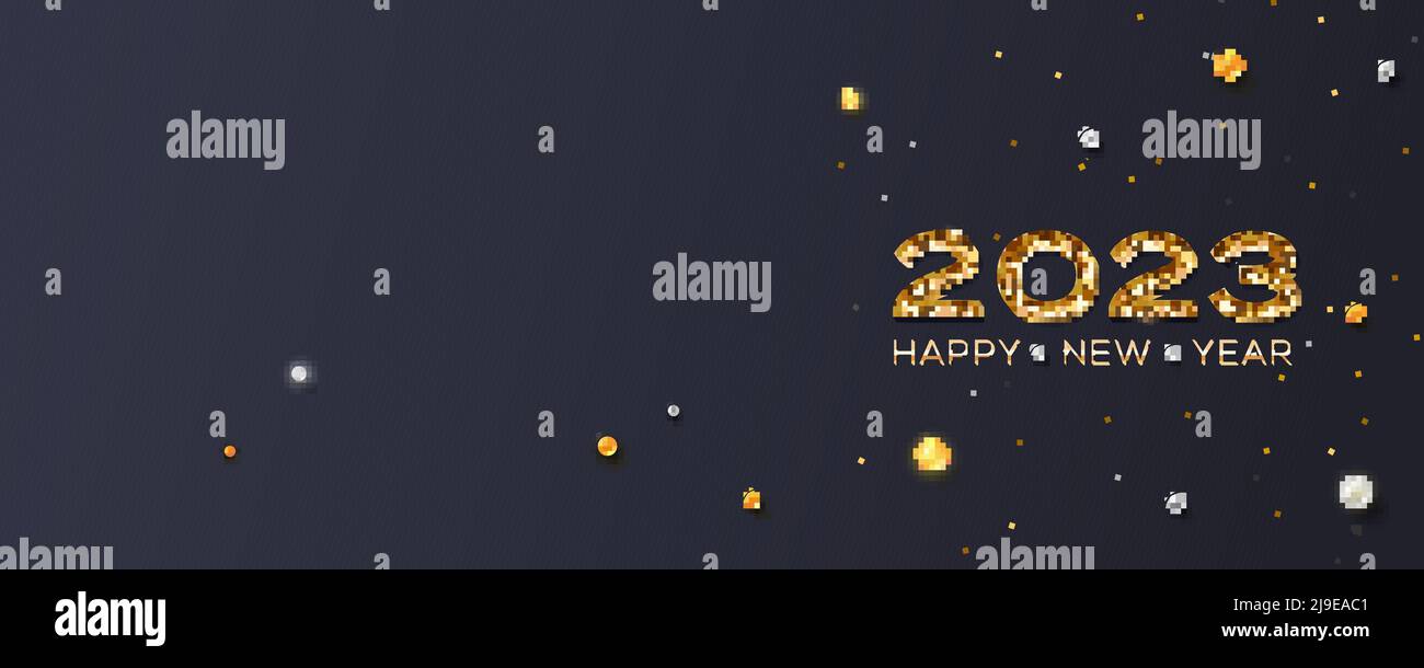 Goldene glitzernde Zahlen 2023. Banner mit glitzernden Partikeln und Perlen. Stock Vektor