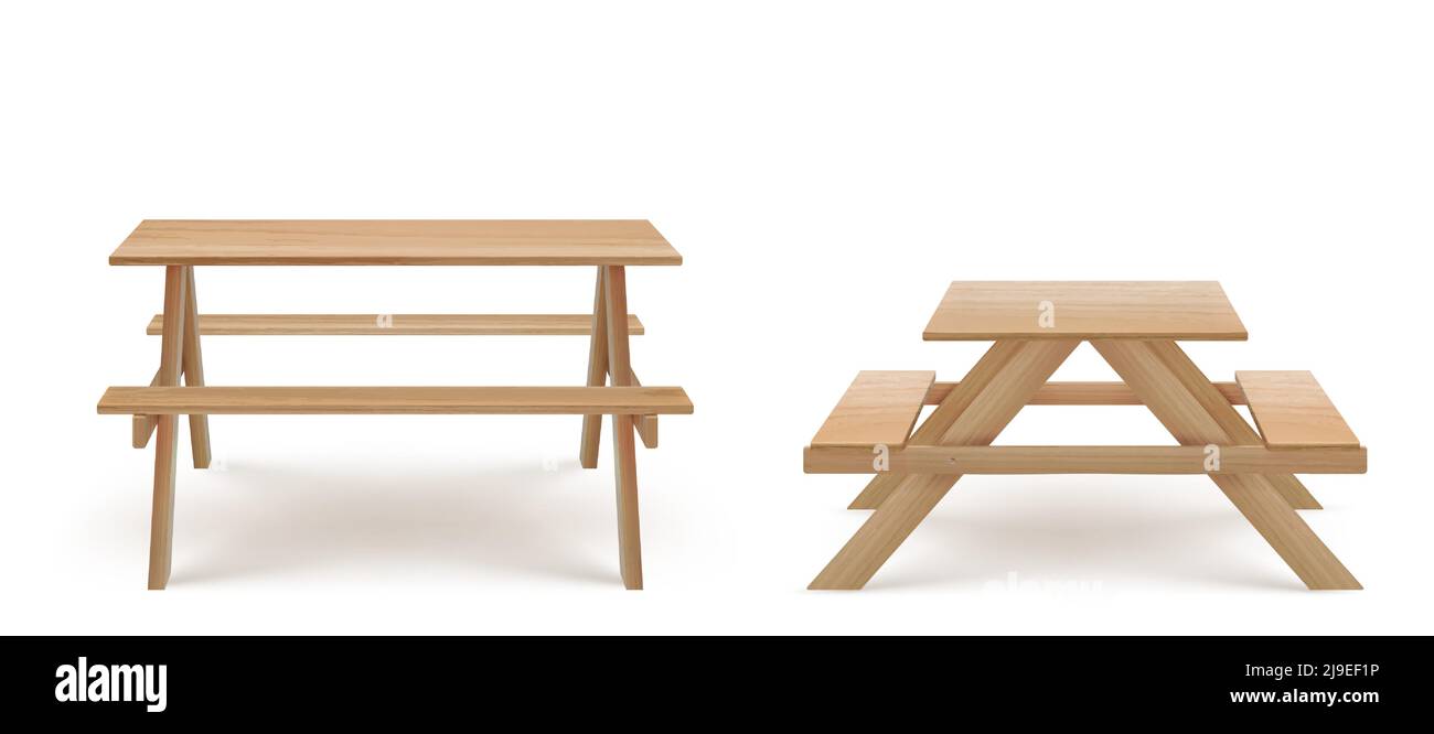 Holzpicknicktisch mit langen Bänken 3D realistischer Vektor. Camping, Garten oder Park Holzmöbel mit Sitz für Grill, Front-und Seitenansicht isoliert auf weißem Hintergrund, Stock Vektor