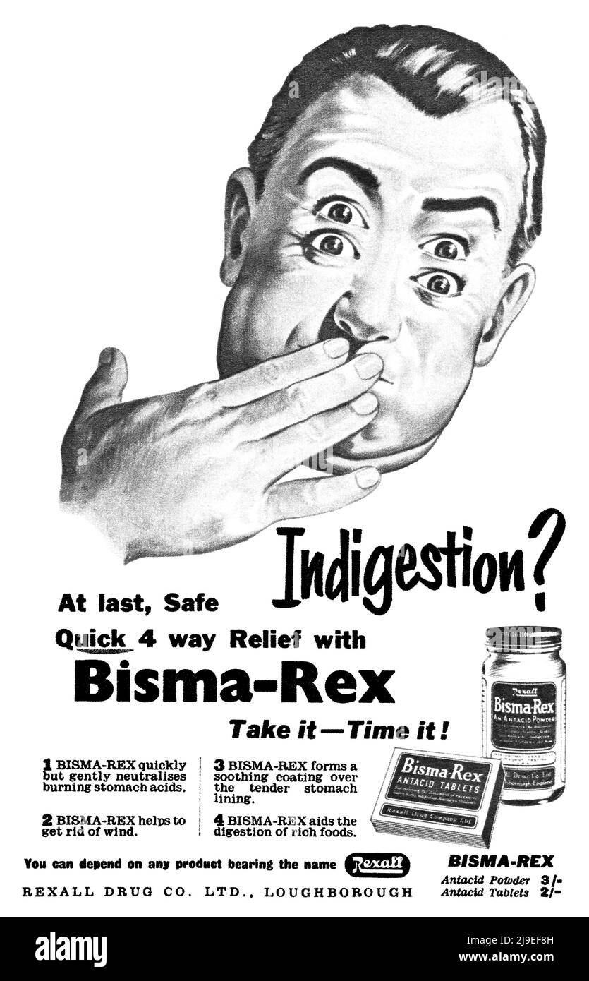 1954 Britische Werbung für Rexall Bisma-Rex Antazientabletten und Antacid-Pulver zur Bekämpfung von Verdauungsstörungen. Stockfoto