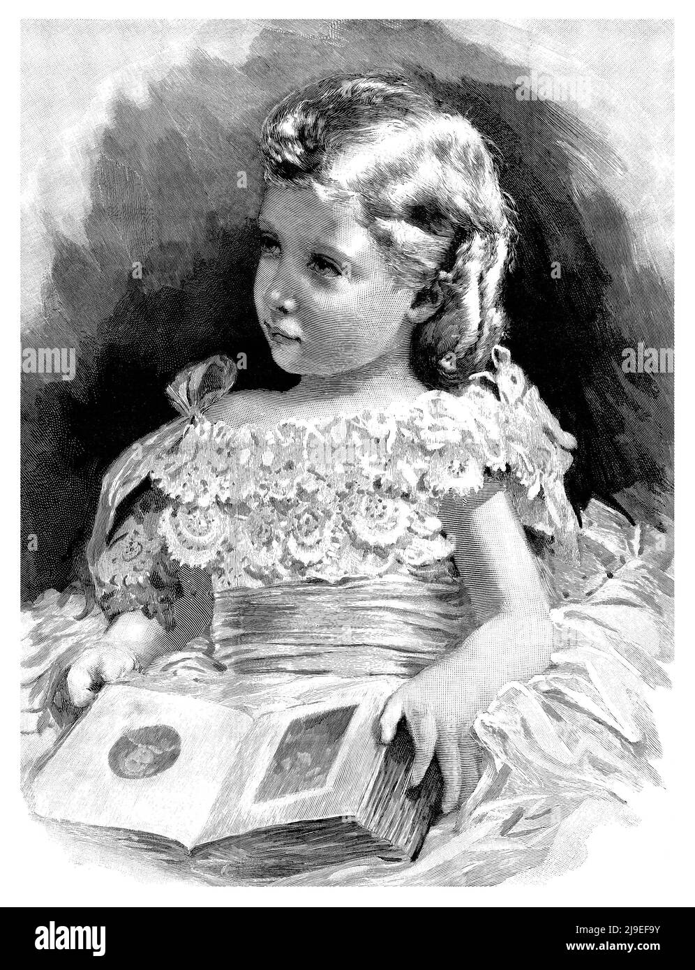 Vintage-Gravur von Prinz Albert Victor, Herzog von Clarence und Avondale, Enkel von Königin Victoria, im Alter von drei Jahren. Stockfoto