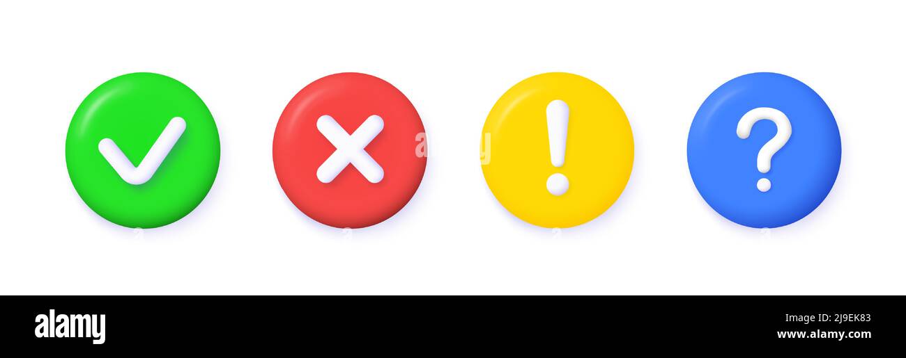 3D Multiplizieren, Häkchen, Frage, Aufmerksamkeit Vektor-Symbole auf weißem Hintergrund. Stock Vektor