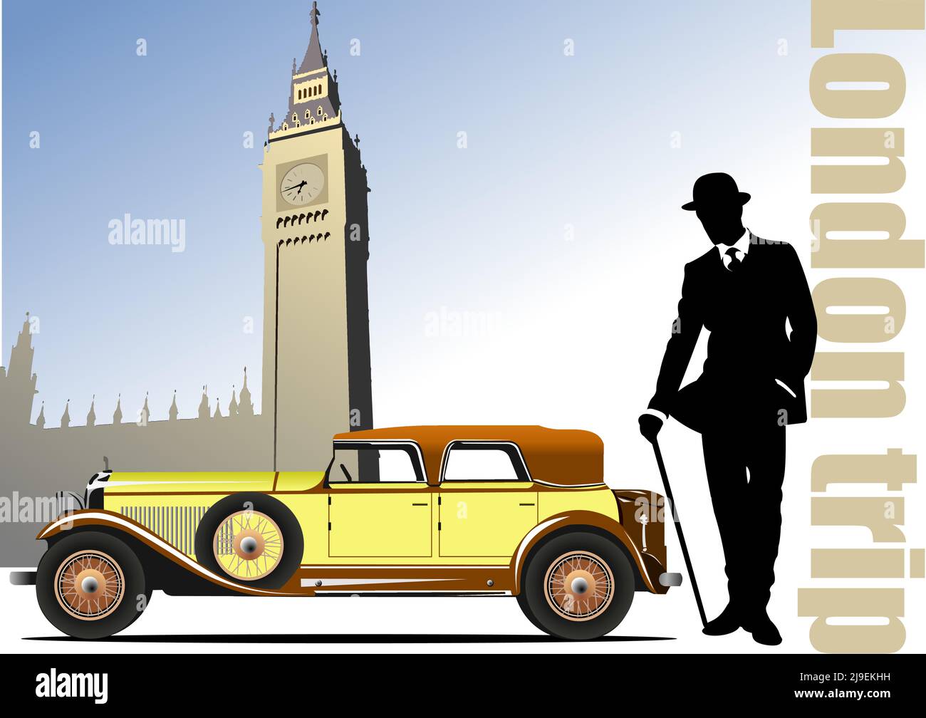 London-Bild mit Herren Silhouette und gelben alten Auto. Farbige vektorgrafik 3D Stock Vektor
