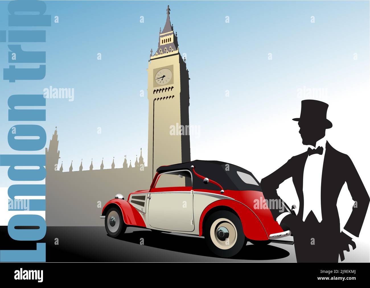 London-Bild mit Gentleman Silhouette und alten Rarität Auto. Farbige vektorgrafik 3D Stock Vektor