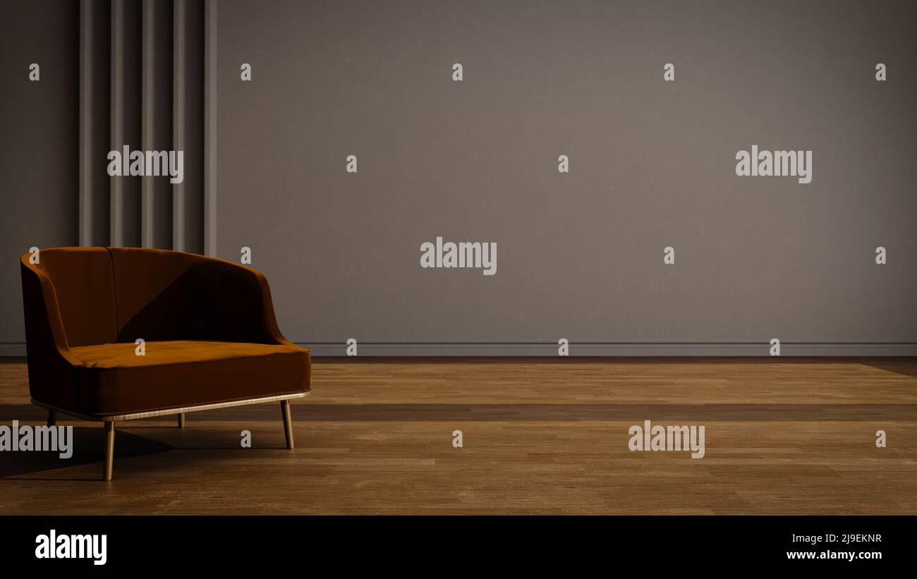 Zimmer mit Holzboden, dunkler Wand und leerem Raum mit Stuhl in der Innenszene 3D Render Stockfoto