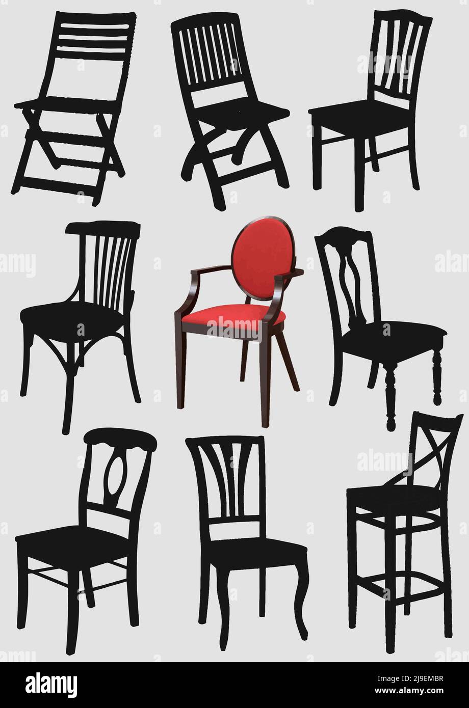 Große Reihe von Home Chair Silhouetten. Vektorgrafik 3D Stock Vektor