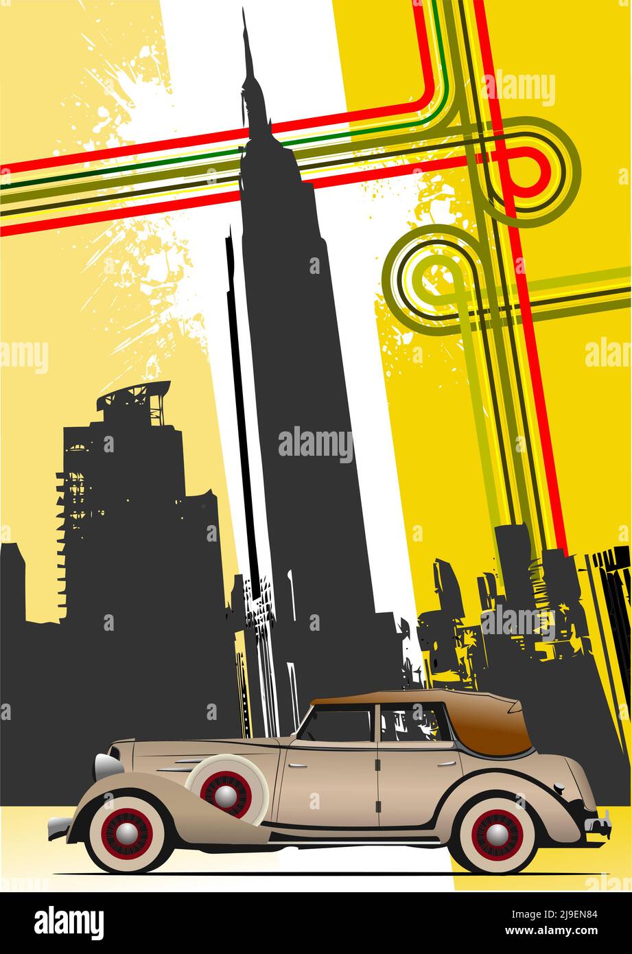 Cover für Broschüre mit New York und alten Retro-Auto-Bilder. 3D Vektorgrafik Stock Vektor