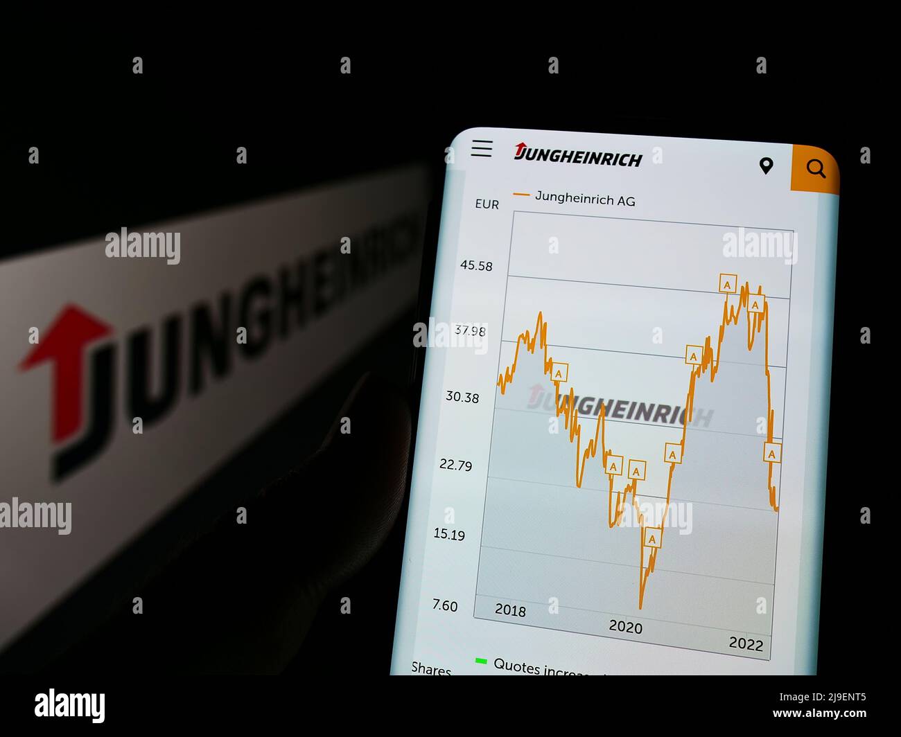 Person, die Mobiltelefon mit Website des deutschen Ingenieurunternehmens Jungheinrich AG auf dem Bildschirm vor dem Logo hält. Konzentrieren Sie sich auf die Mitte des Telefondisplays. Stockfoto