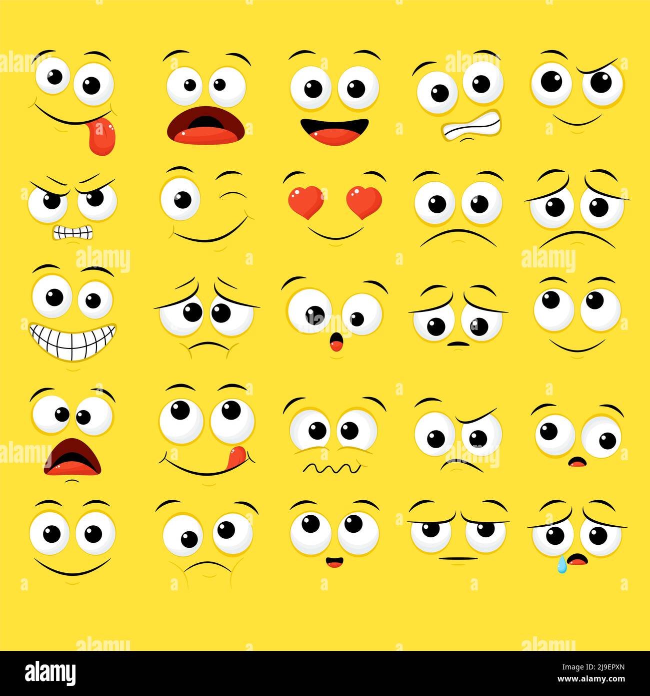 Sammlung von Emoticons mit unterschiedlicher Stimmung. Satz von volumetrischen Cartoon Emoji Gesichter in verschiedenen Ausdrücken - glücklich, traurig, weinen, Angst, verrückt. Auf weiß b Stock Vektor