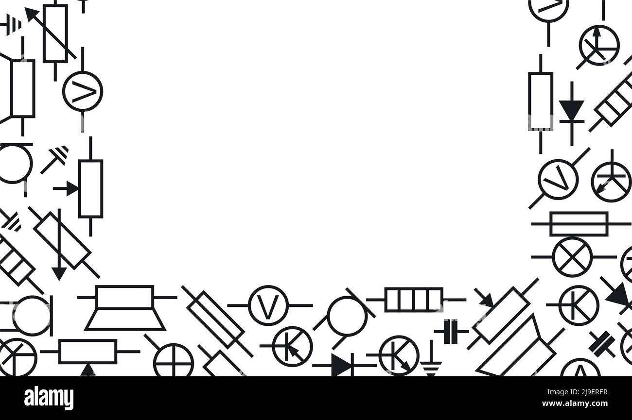 Funkkomponente. Funkelektronik. Widerstand, Transistor, Diode und Kondensator. Rahmenbild. Symbolische Bezeichnung. Isoliert auf weißem Hintergrund Stock Vektor