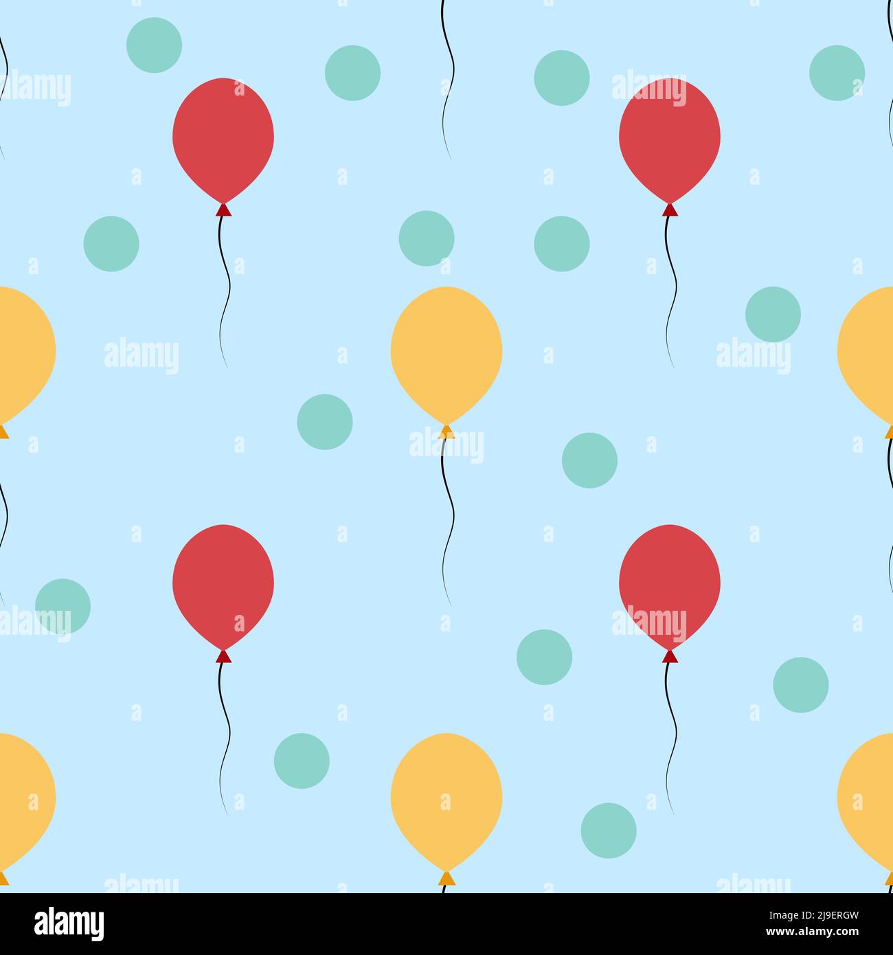 Rote und gelbe Ballons mit grünen Kreisen isoliert auf blauem Hintergrund ist in nahtlosem Muster - Vektor-Illustration Stock Vektor