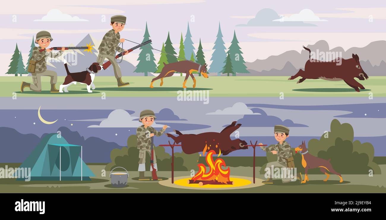 Jagd horizontale Banner mit Jägern laufen für Wildschwein und Kochen Beute auf Split bei Nacht Vektor-Illustration Stock Vektor