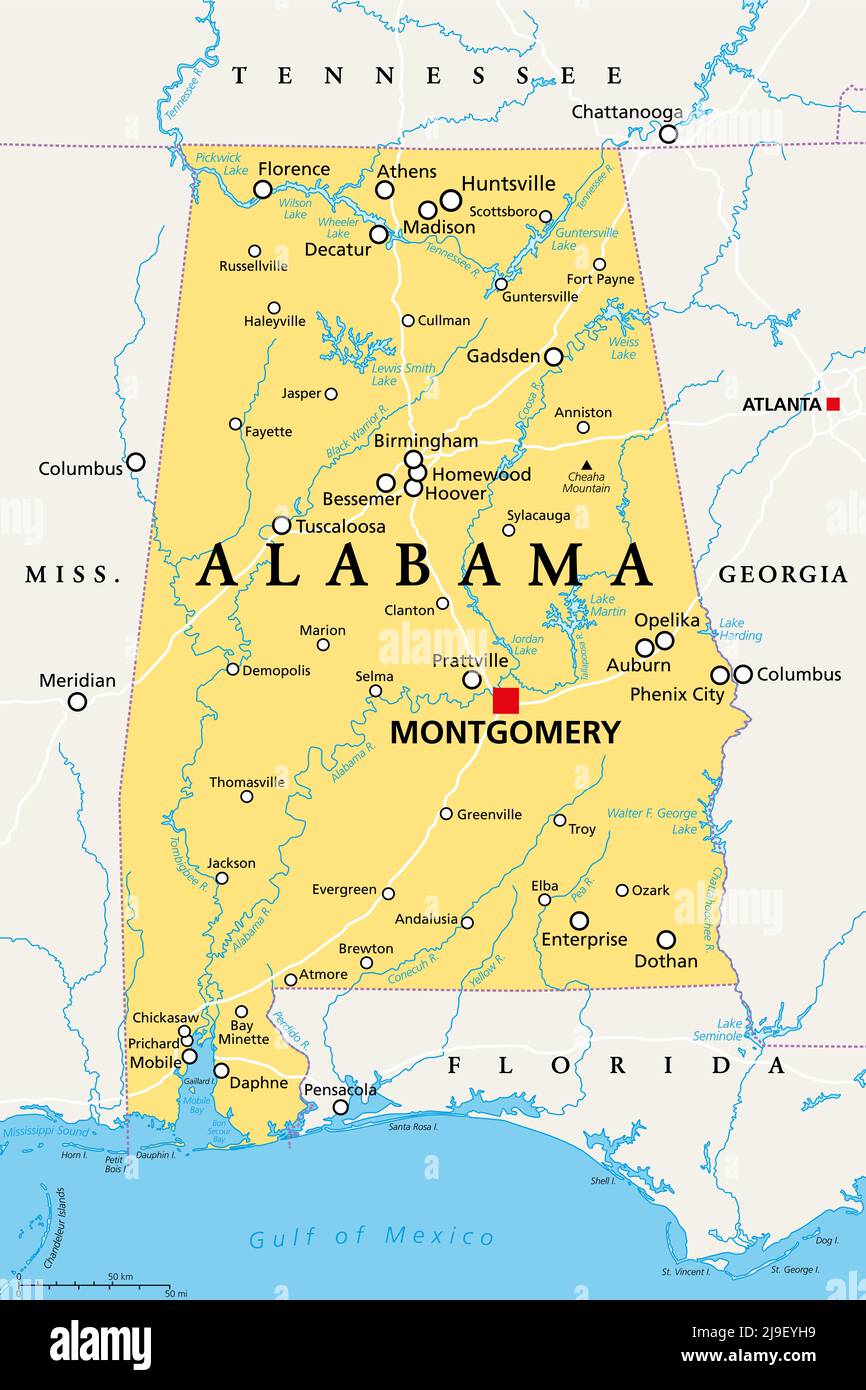 Alabama, AL, politische Karte mit der Hauptstadt Montgomery, Städten, Flüssen und Seen. Staat in der südöstlichen Region der Vereinigten Staaten. Stockfoto