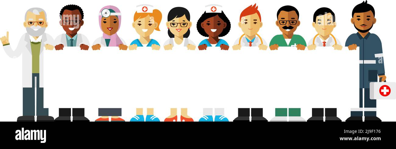 Gruppe von Praktizierenden Ärzten junger Mann und Frau stehen zusammen und halten ein leeres Plakat. Beratung und Diagnose. Stock Vektor