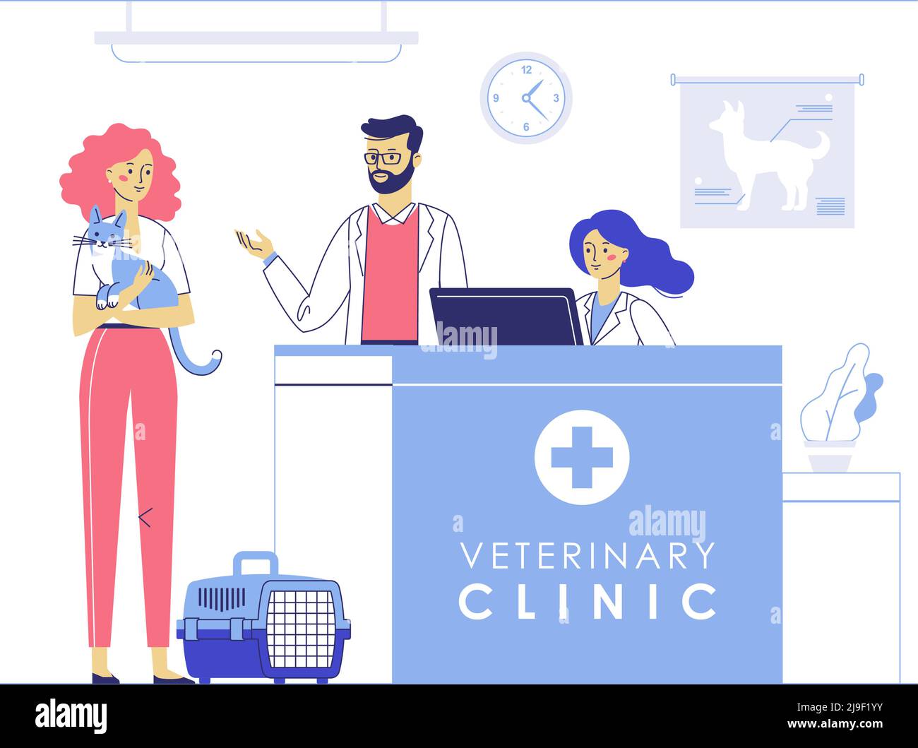 Junge Frau mit Katze und Tierarzt im Krankenhaussaal Hintergrund. Gesundheitswesen, medizinische Behandlung, Prävention und Immunisierung von Haustieren. Stock Vektor