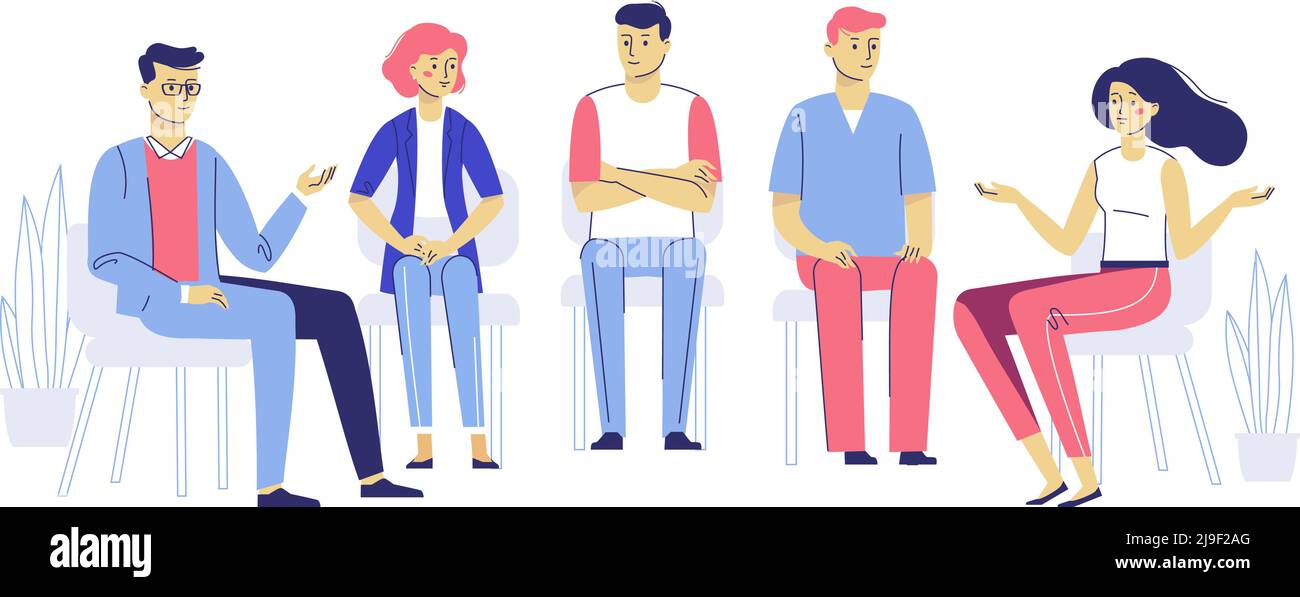 Psychologe und junge Männer und Frauen in der Therapiesitzung. Behandlung von Stress, sucht und psychischen Problemen. Stock Vektor