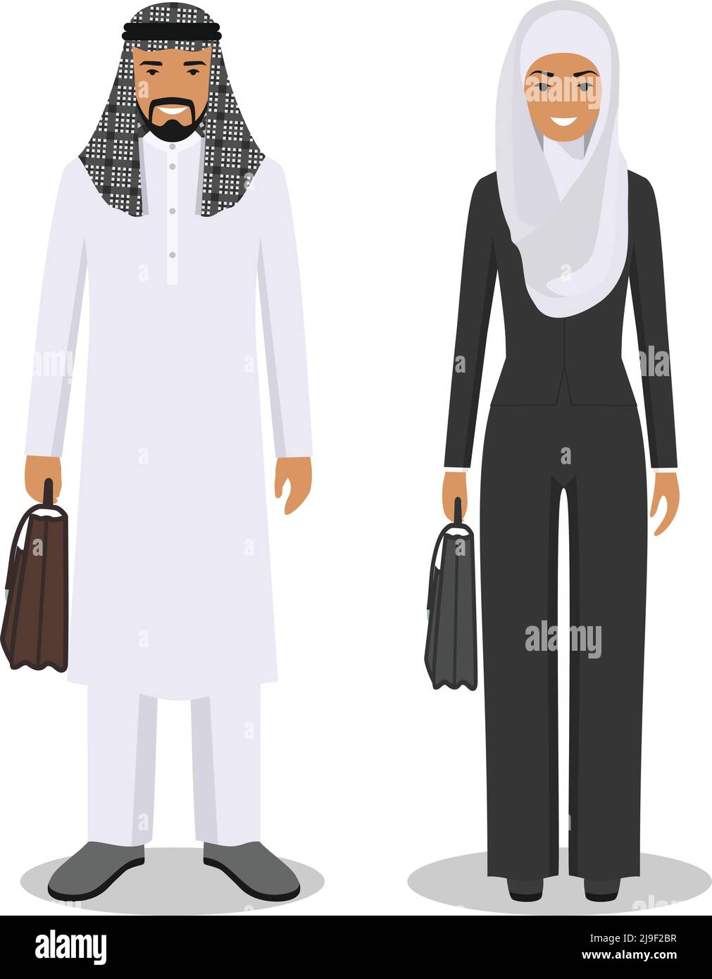 Ein paar kreative arabische Menschen auf weißem Hintergrund isoliert. Gruppe von geschäftsarabisch Mann und Frau stehen zusammen. Niedlich und schlicht in flacher Optik. Stock Vektor