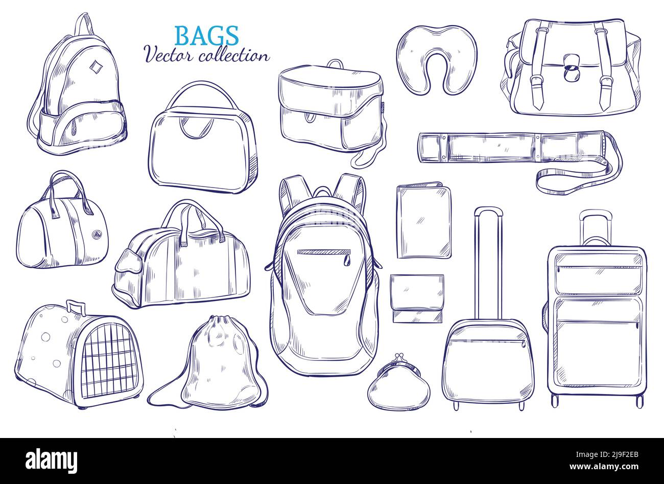 Handgezogenes Reisegepäck-Set mit Gepäck Koffer Rucksack Geldbörse Tube Tier Kiste Taschen Kissen isoliert Vektor-Illustration Stock Vektor
