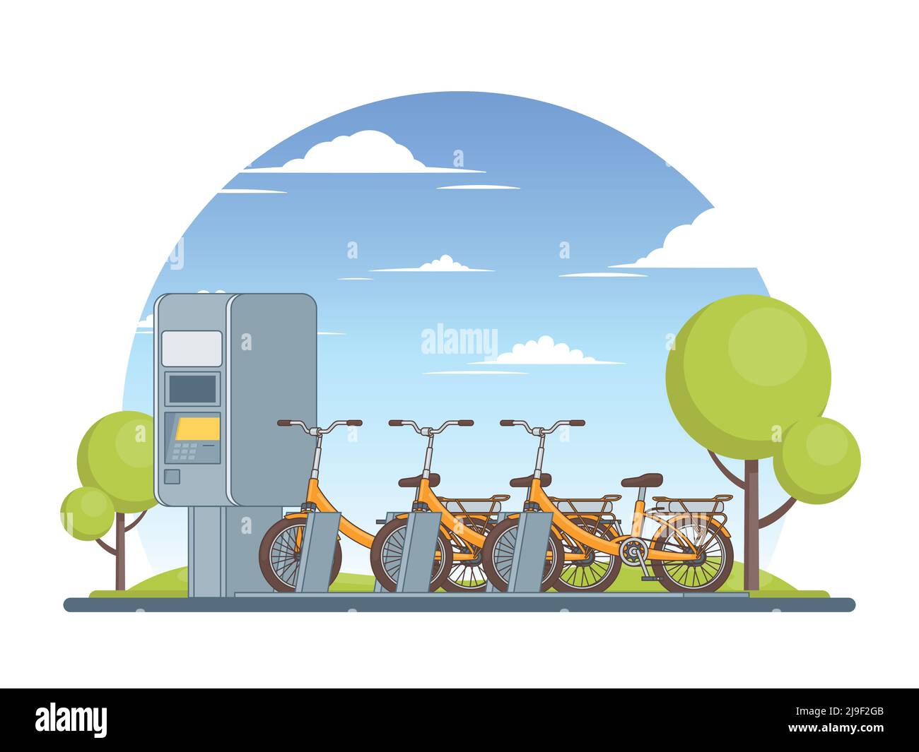 Buntes Fahrrad-Parkkonzept mit orangefarbenen Fahrrädern Ticketautomat und Vektorgrafik „Grüne Bäume“ Stock Vektor