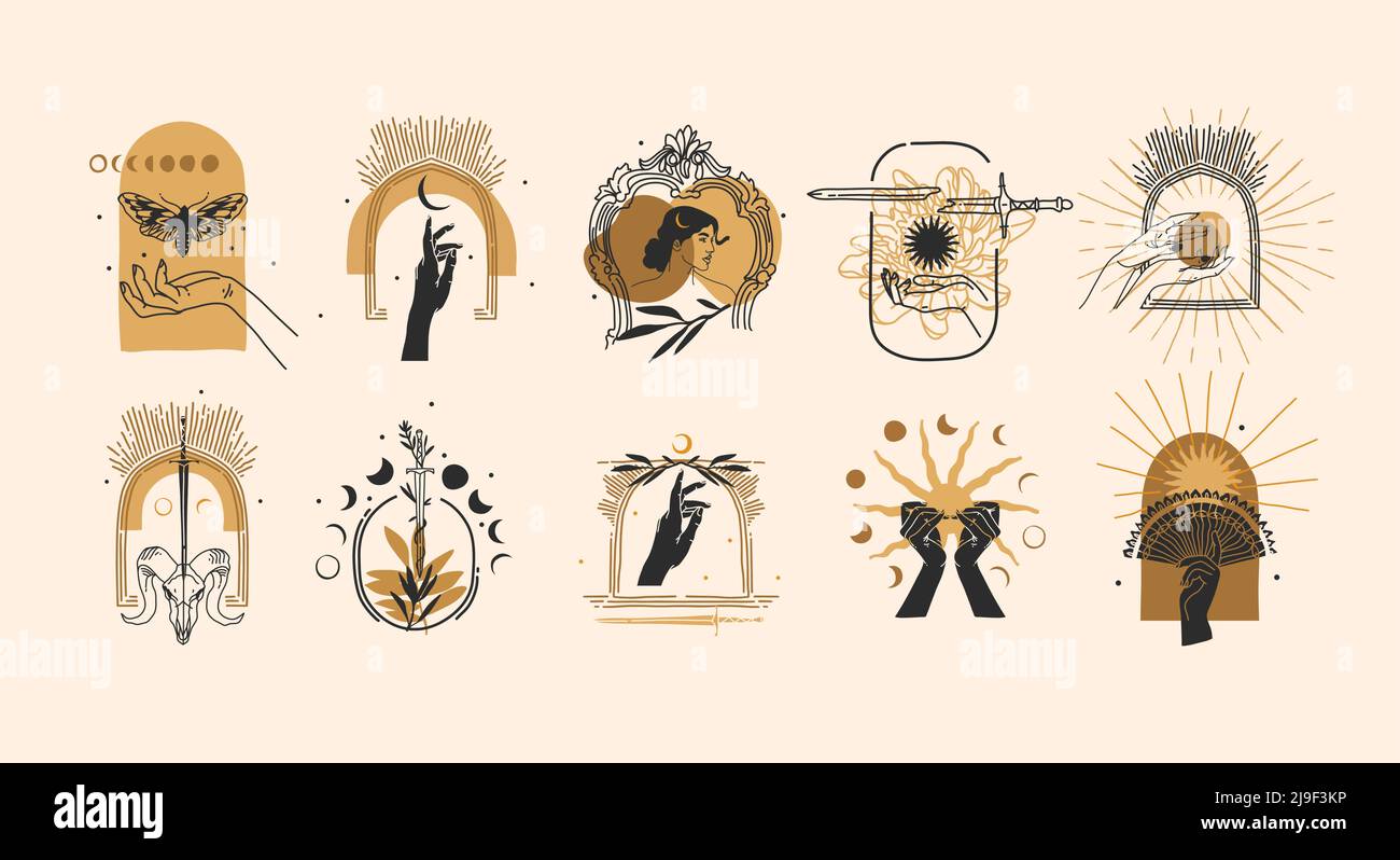 Handgezeichnete Vektor abstrakte Grafik-Illustration mit Logo-Elemente-Sammlung Bundle-Set, magische Linie Kunst der Halbmond, Mond und menschliche Hände schwarz Stock Vektor