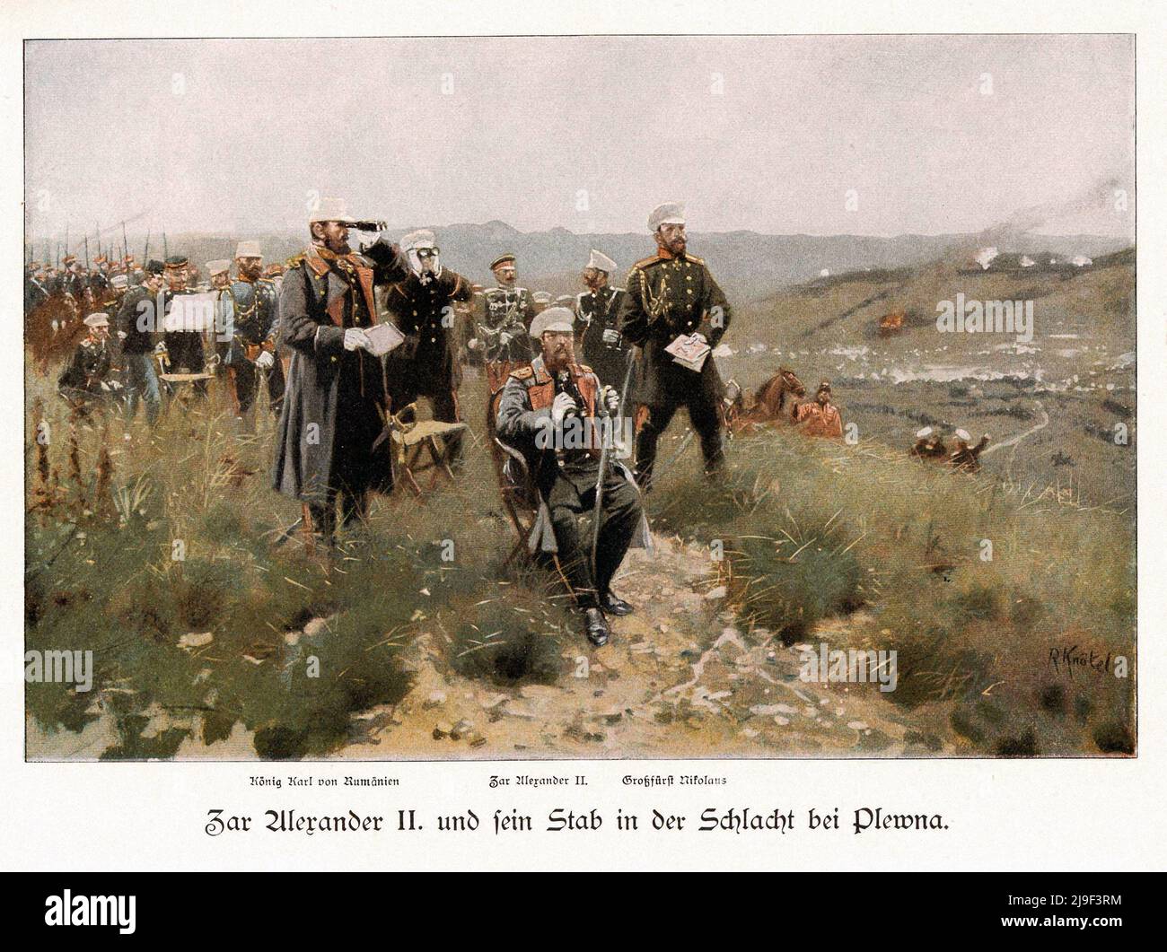 Farblithographie von Zar Alexander II. Und seinem Stab in der Schlacht von Plevna. König Karl von Rumänien, Zar Alexander II. Von Russland, Großherzog Nich Stockfoto