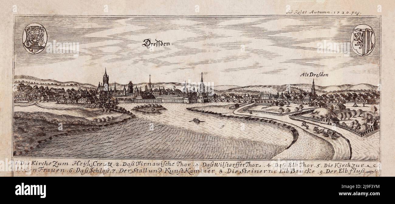 Dresdner Kupferstich aus dem 18.. Jahrhundert. 1730 1. Die Kirche des Heiligen Kreuzes 2. Firnauische Tor 3. Das Wilsdruffer-Tor (in älteren Zeiten auch Wilisc genannt Stockfoto Dresdner Kupferstich aus dem 18.. Jahrhundert. 1730 1. Die Kirche des Heiligen Kreuzes 2. Firnauische Tor 3. Das Wilsdruffer-Tor (in älteren Zeiten auch Wilisc genannt Stockfoto