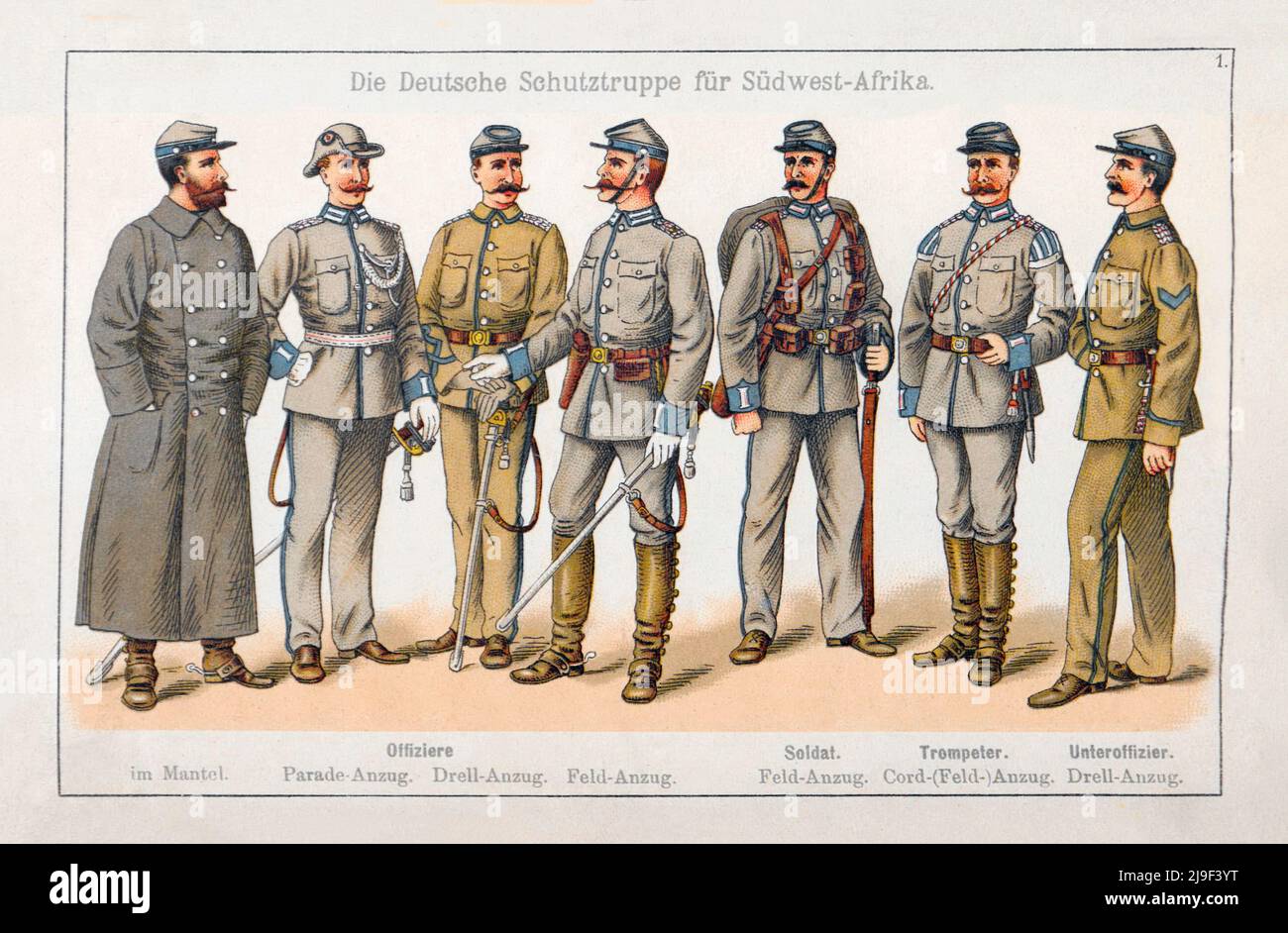 19.. Jahrhundert alte Illustration der kaiserlichen Schutztruppe für Deutsch-Südwestafrika. 1894 deutsche Offiziere in einem Mantel, Umzugsuniform Stockfoto