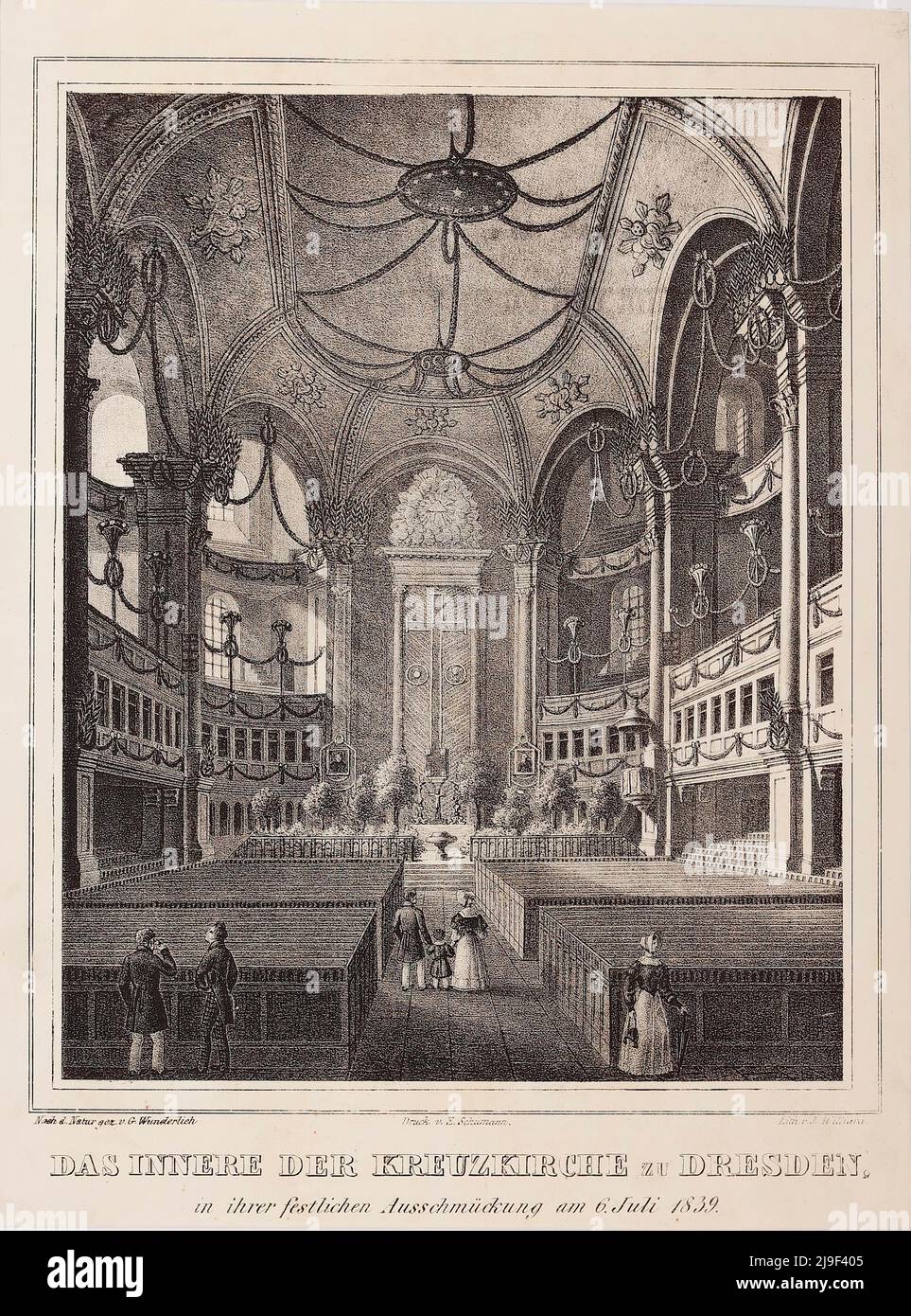 19.-Jahrhundert-Gravur des Innenraums der Kreuzkirche in Dresden in ihrer festlichen Dekoration am 6. Juli 1839. Deutschland Stockfoto