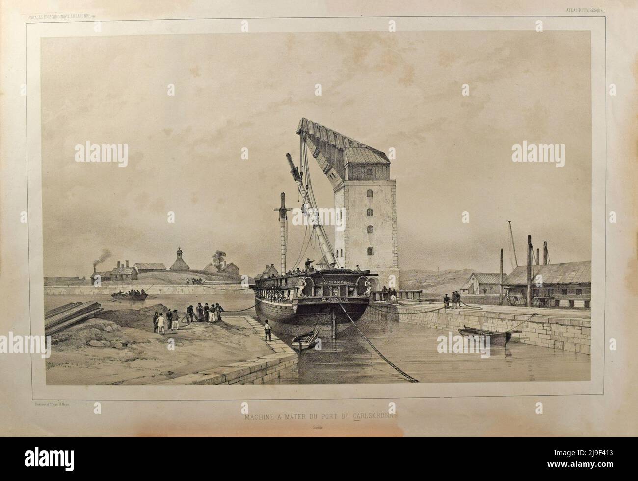 Lithographie der Werft Karlskrona. Alter Mastkran. Von Auguste Mayer (1805 - 1890) Stockfoto
