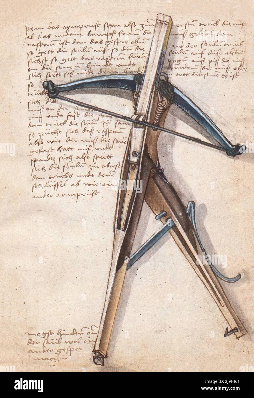 Mittelalterliche Darstellung der Armbrust. Die Werkzeuge von Martin Löffelholz (1505) Löffelholtz Codex. Abbildungen und Beschreibungen aller Arten von Handwerkzeugen, Stockfoto