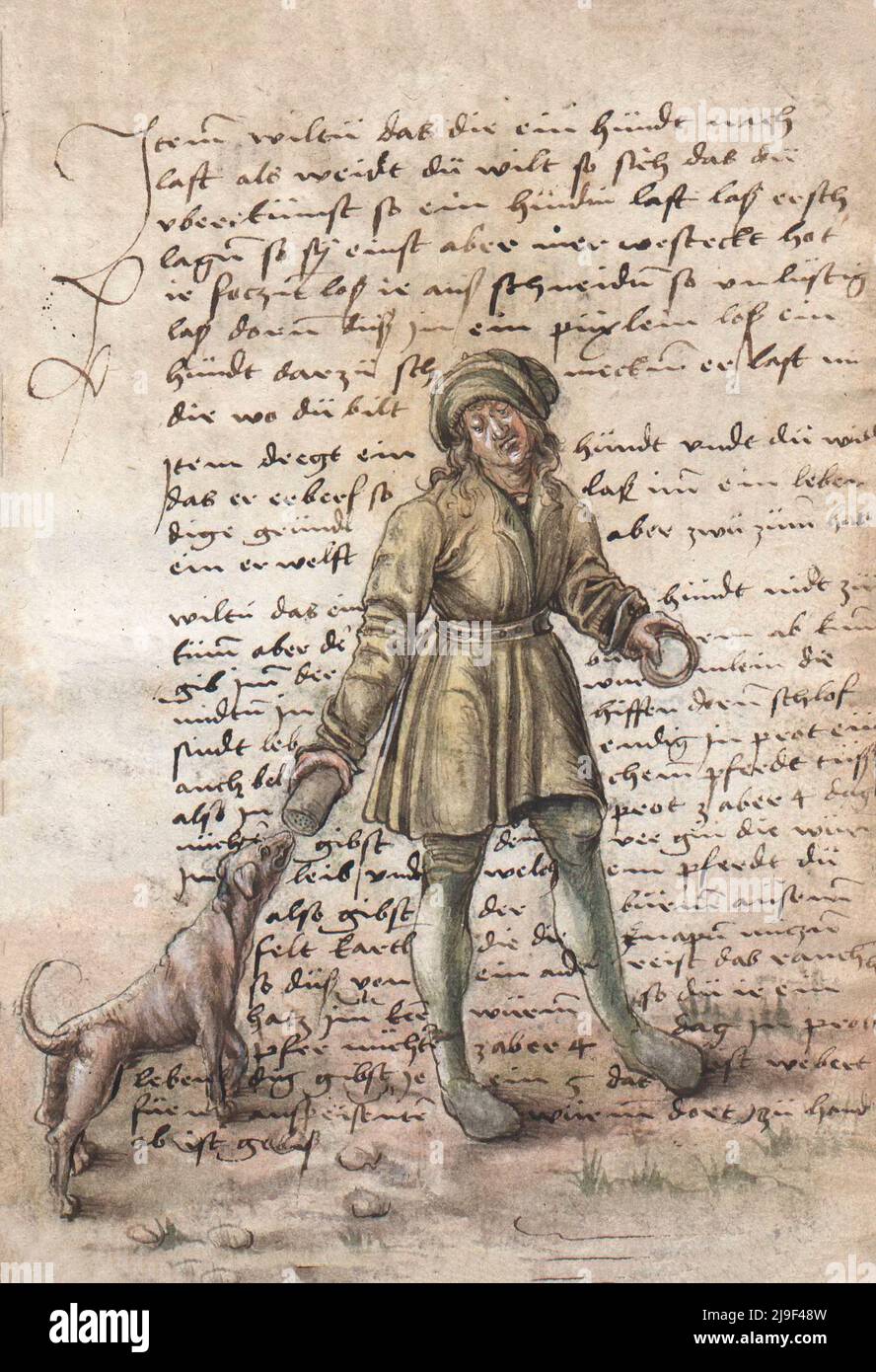 Mittelalterliche Illustration des Hundetrainings. Die Werkzeuge von Martin Löffelholz (1505) Löffelholtz Codex. Illustrationen und Beschreibungen aller Art von Hand zu Stockfoto
