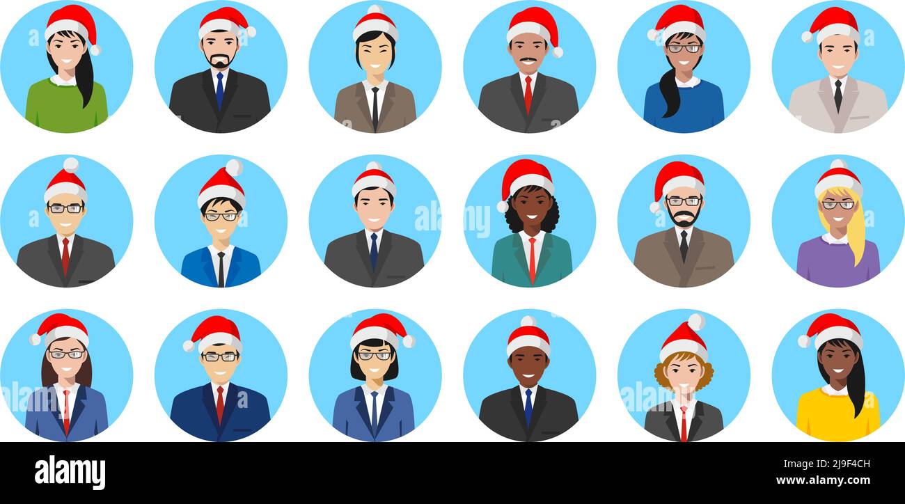 Set von bunten Geschäftsleuten in Weihnachtsmann Hüte flachen Stil Ikonen: Geschäftsmann und Geschäftsfrau. Vektorgrafik. Stock Vektor