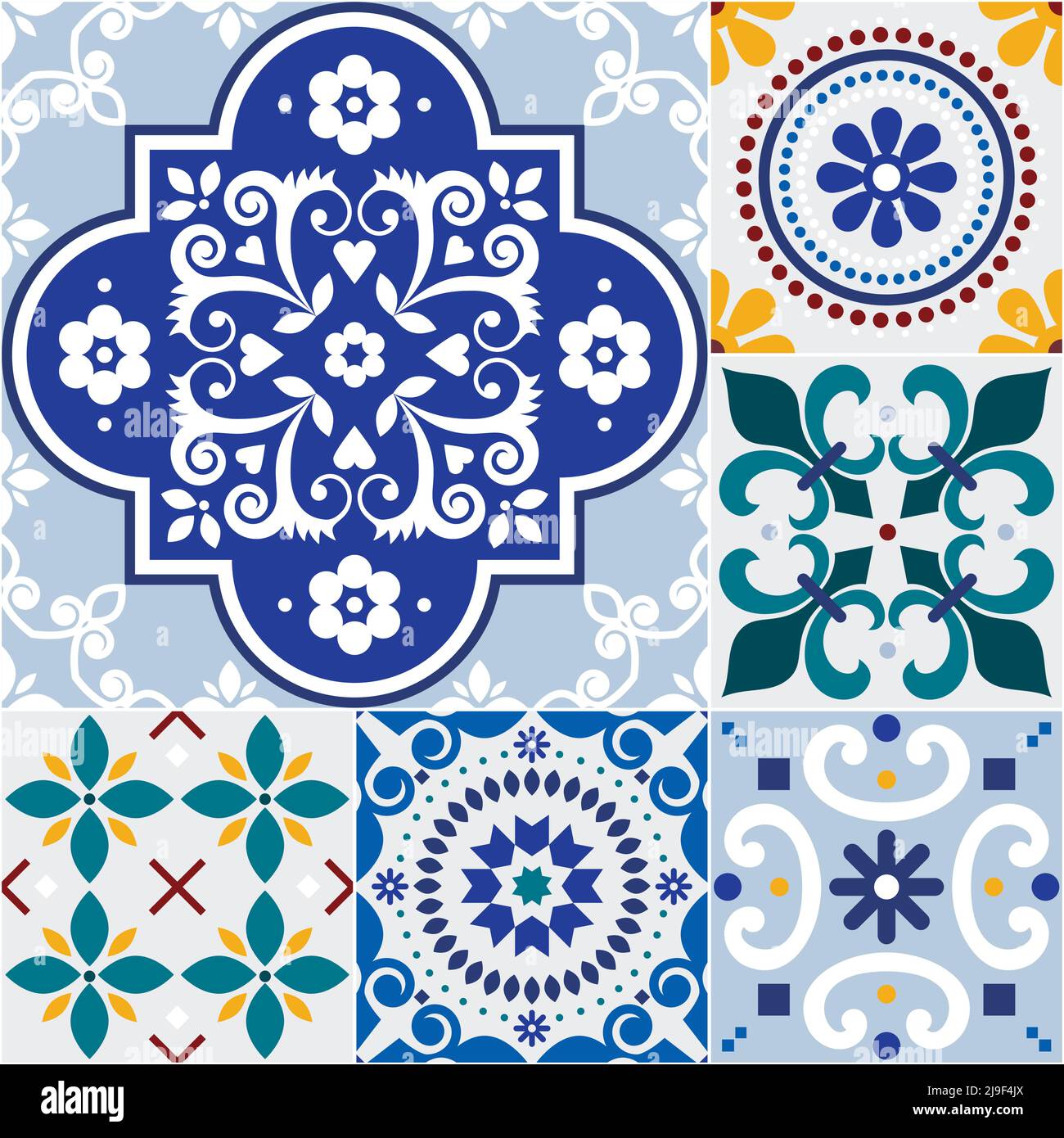 Portugiesische und spanische Azulejo Fliesen nahtlose Vektor-Mosaik-Muster-Set, Retro-bfloral Design-Kollektion von Fliesenkunst aus Portugal und Spanien inspiriert Stock Vektor