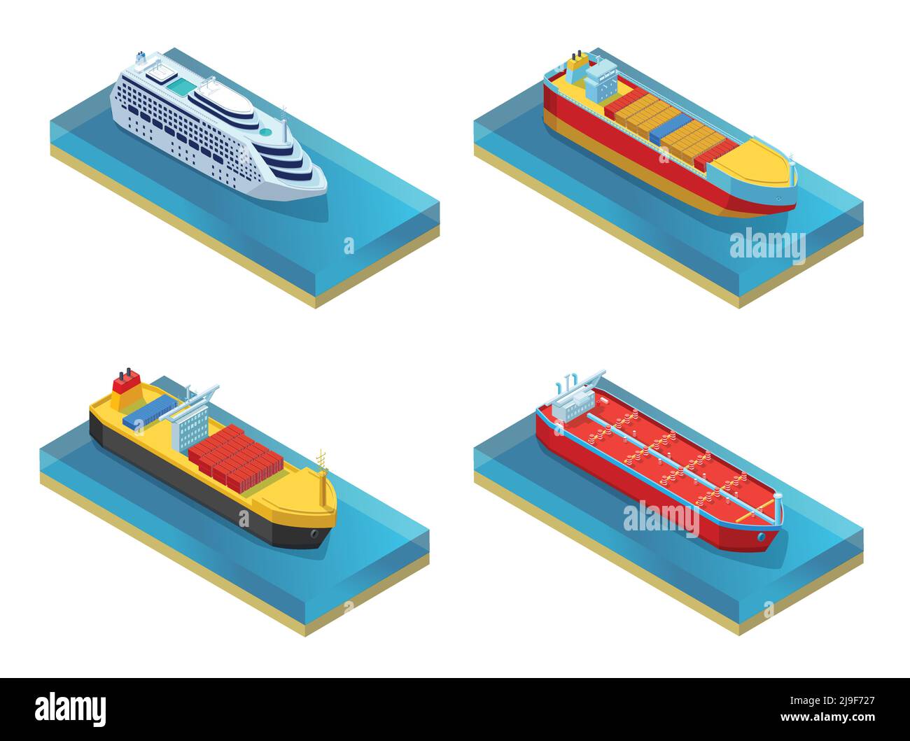Isometrisches Wassertransportset mit Reise-Kreuzfahrtschiff Frachtschiff und Tanker isoliert Vektor-Illustration Stock Vektor