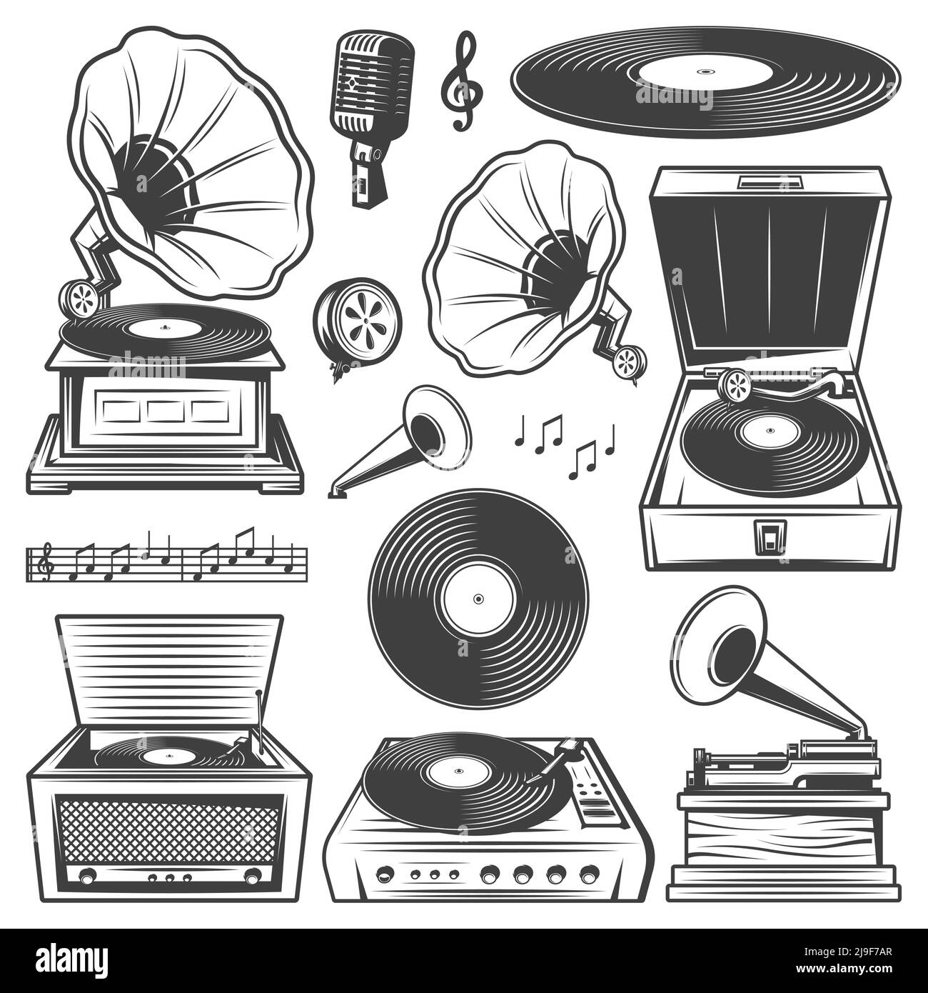 Retro Grammophon Ikonen Set mit Plattenspieler Vinyl Plattenspieler Phonograph Mikrofon Musiknoten im Vintage-Stil isolierte Vektor-Illustration Stock Vektor