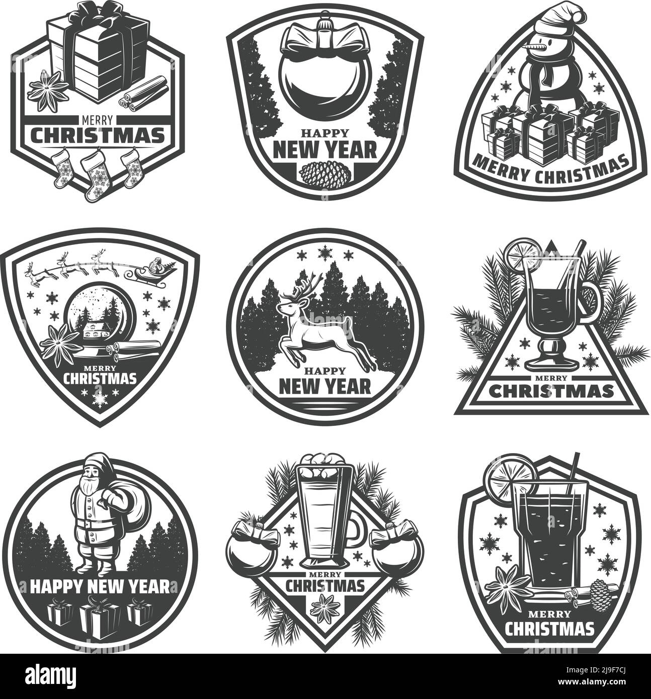 Vintage monochrome Neujahrslabels Set mit Geschenken Schneemann Weihnachten Bälle Globus Hirsch Getränke Desserts Gewürze Santa Claus isoliert Vektor Abbildung Stock Vektor