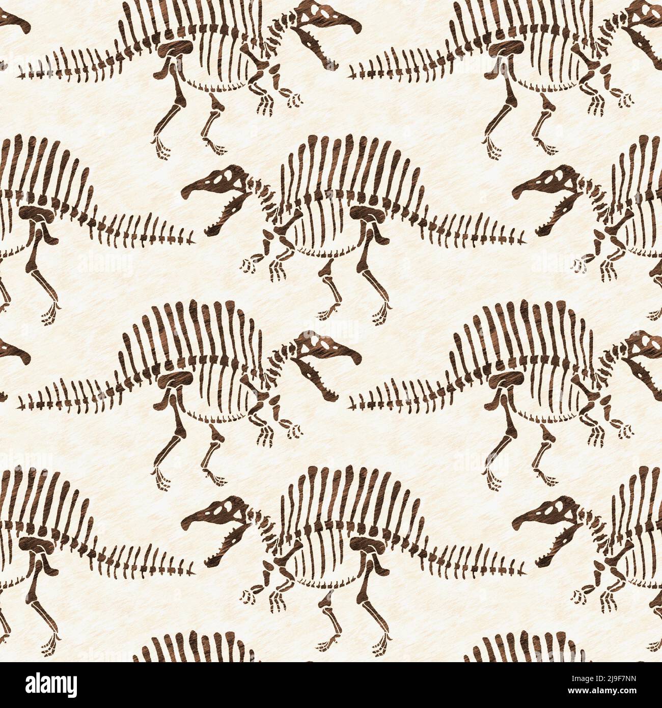 Braun handgezeichnete Spinosaurus fossile Knochen Dinosaurier nahtloses Muster. Geschlechtsspezifische neutrale jurassische Silhouette für die Babykrippe. Home Dekor für Museum Stockfoto