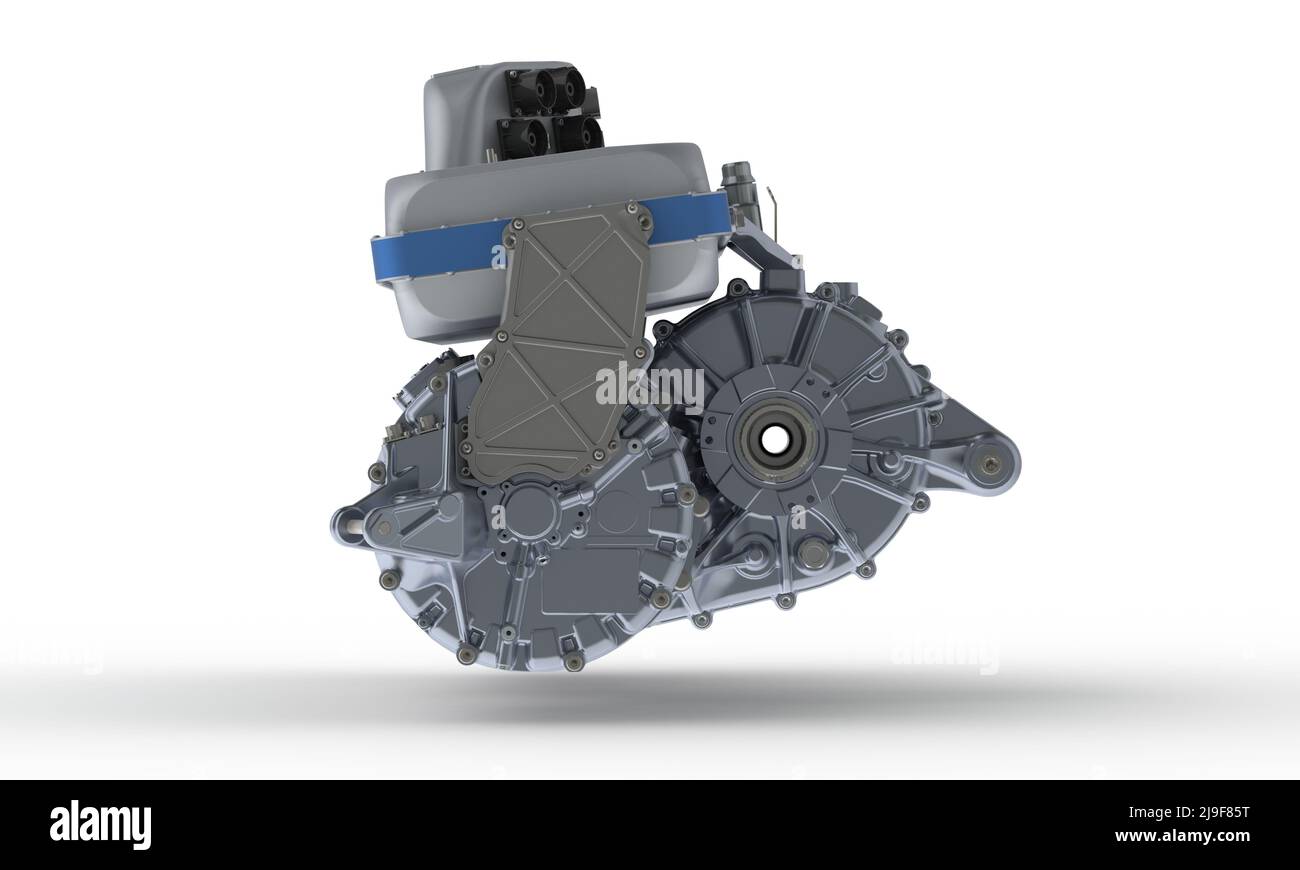 Isometrische Darstellung des Elektrofahrzeugmotors, 3D Rendering isoliert auf weißem Hintergrund Stockfoto