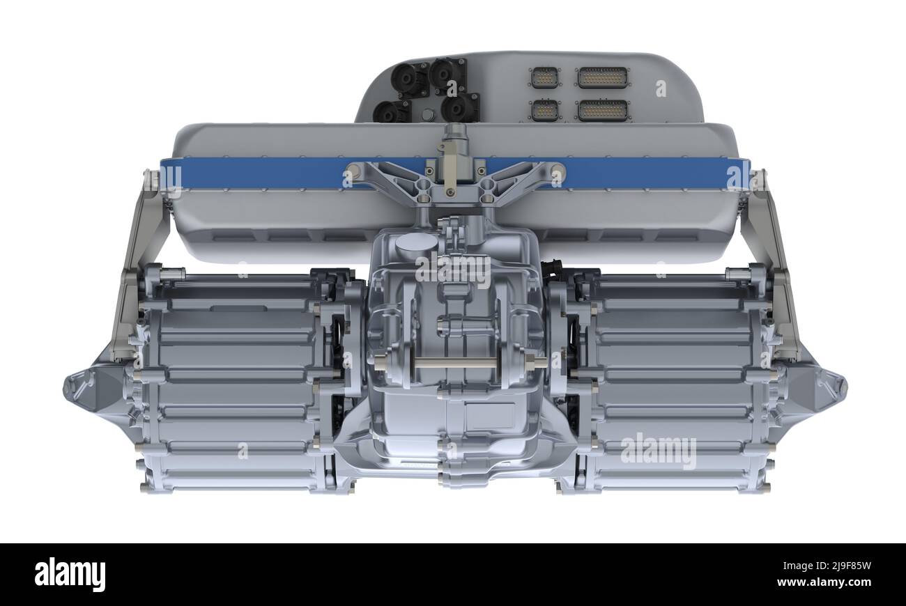 Isometrische Darstellung des Elektrofahrzeugmotors, 3D Rendering isoliert auf weißem Hintergrund Stockfoto