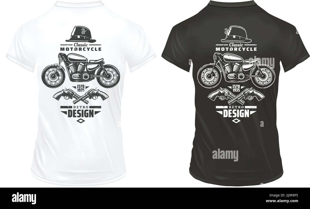 Vintage Retro Design Drucke Vorlage mit Aufschriften klassischen Motorrad Gentleman hut gekreuzte Pistolen auf Hemden isoliert Vektor Illustration Stock Vektor