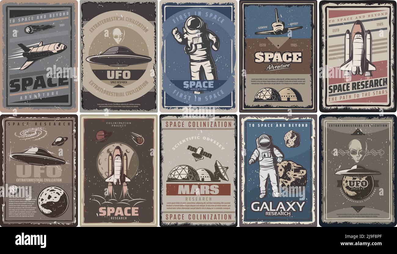 Vintage farbige Raumplakate mit Raumschiffen ufo-Planeten Astronauten Asteroiden Mars Kolonisation und Forschung isoliert Vektor Illustration Stock Vektor