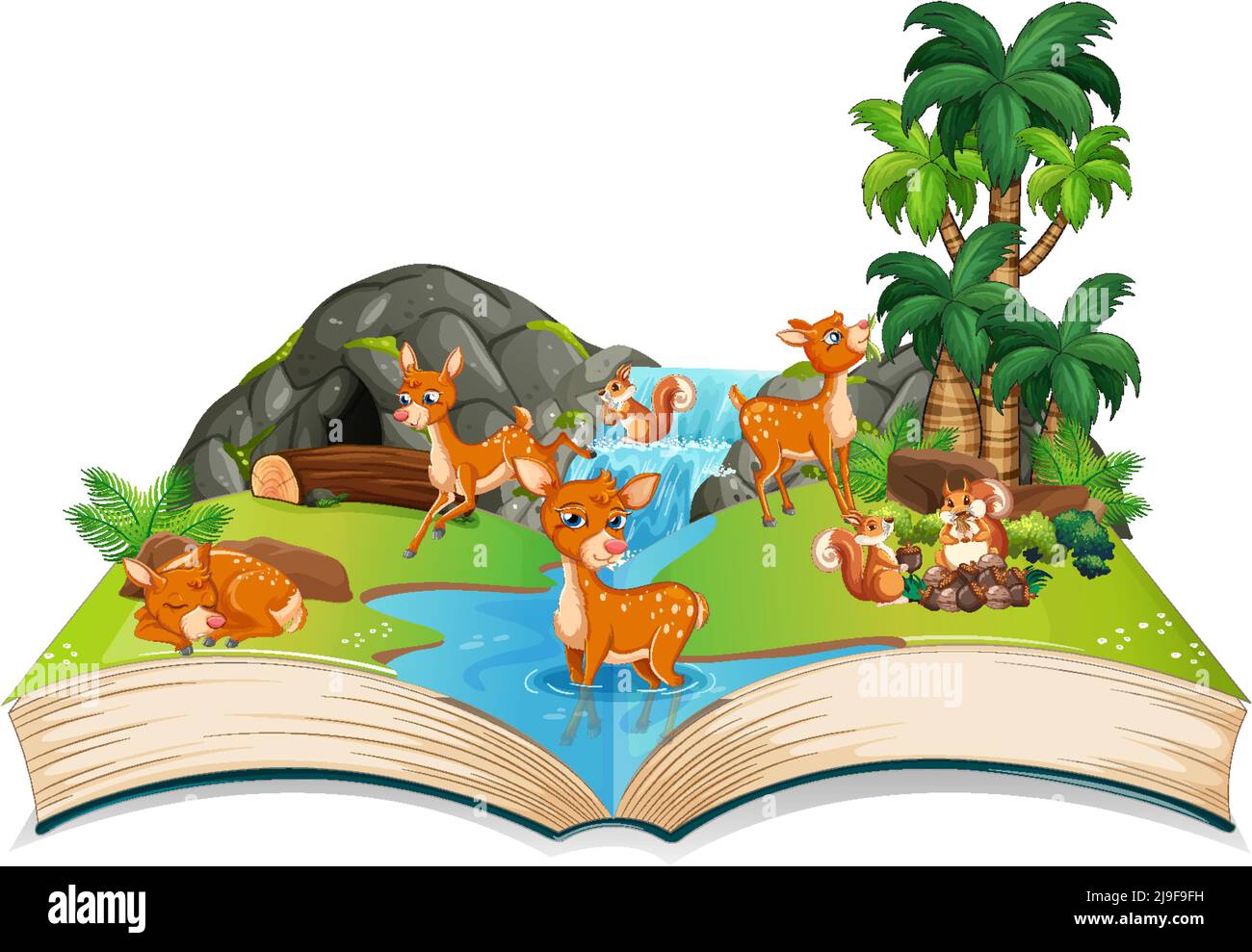 Buch mit Szene von Tieren durch den Wasserfall Illustration Stock Vektor