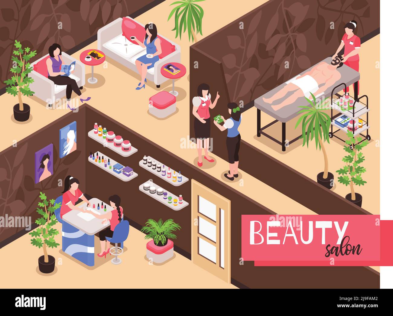 Isometrisches Beauty-Salon-Hintergrundbild mit Blick auf das Spa im Innenbereich studio mit Menschen während der Therapie Verfahren Vektor-Illustration Stock Vektor