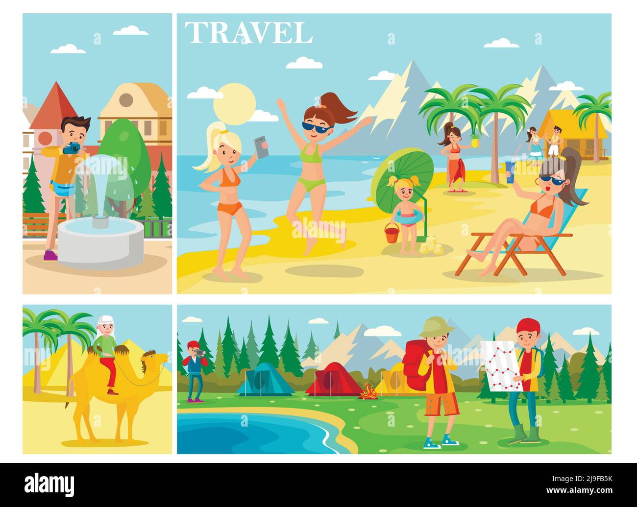 Wohnung Sommerurlaub Zusammensetzung mit Menschen entspannen am Strand Mann Reiten Kamel Touristen Camp in Wald Vektor-Illustration Stock Vektor