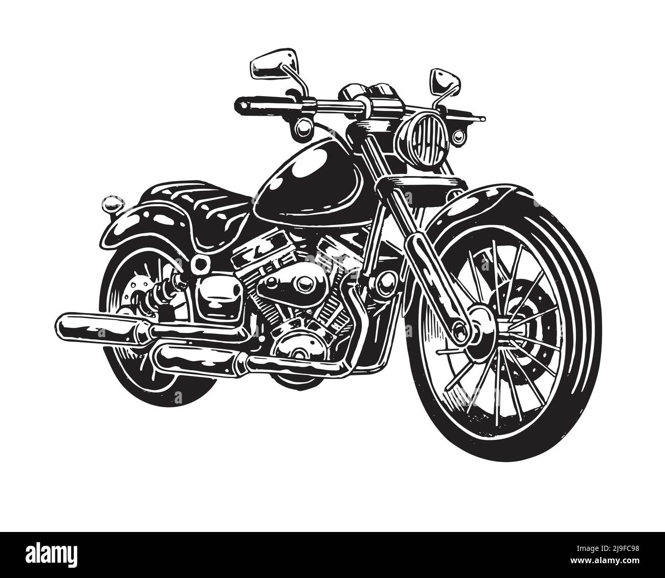 Vektor-Illustration von Hand gezeichneten Motorrad isoliert auf weißem Hintergrund. Monochromer Stil. Stock Vektor