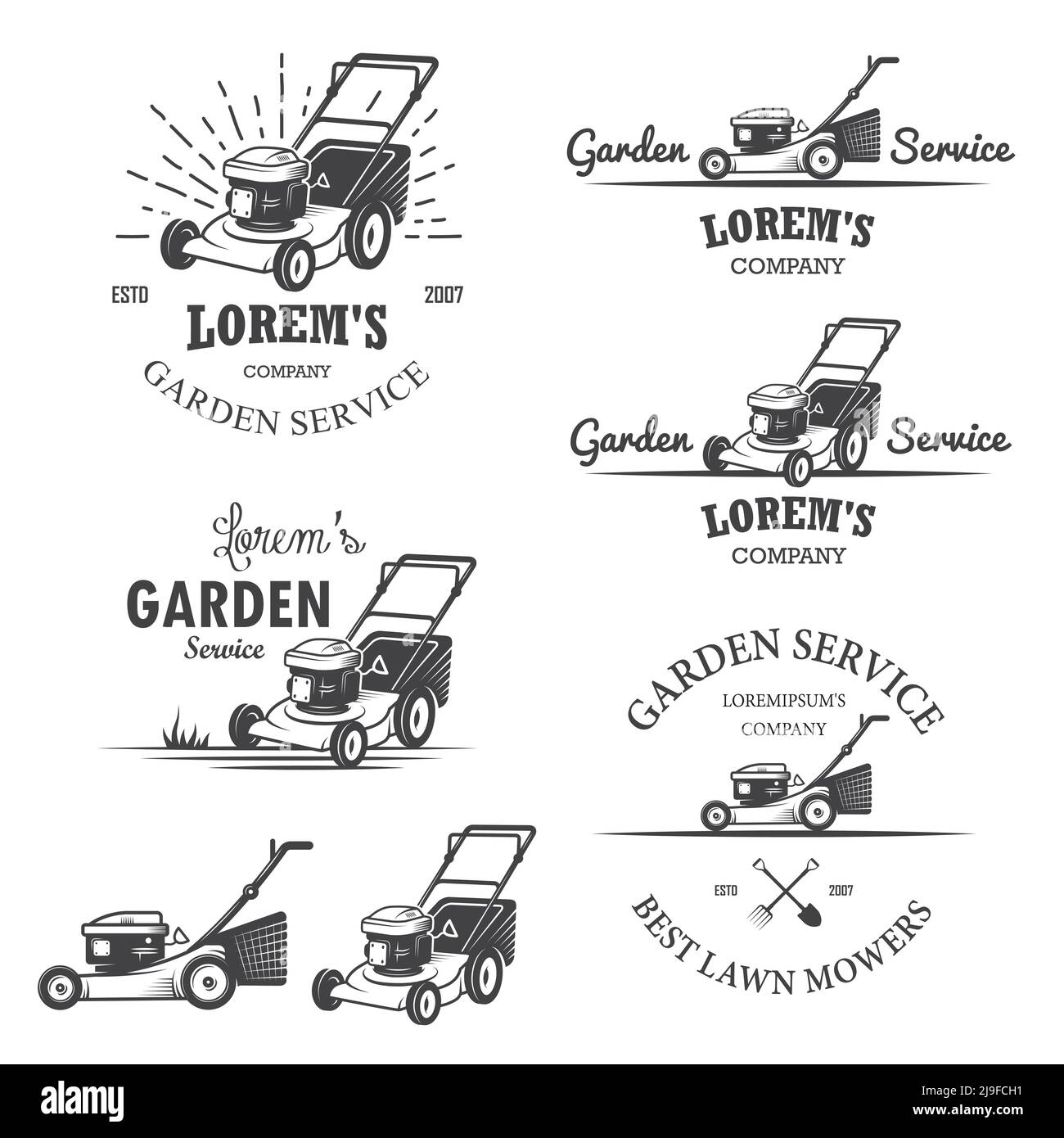 Set von Vintage Garten Service Embleme, Etiketten, Abzeichen, Logos und gestaltete Elemente. Monochromer Stil Stock Vektor