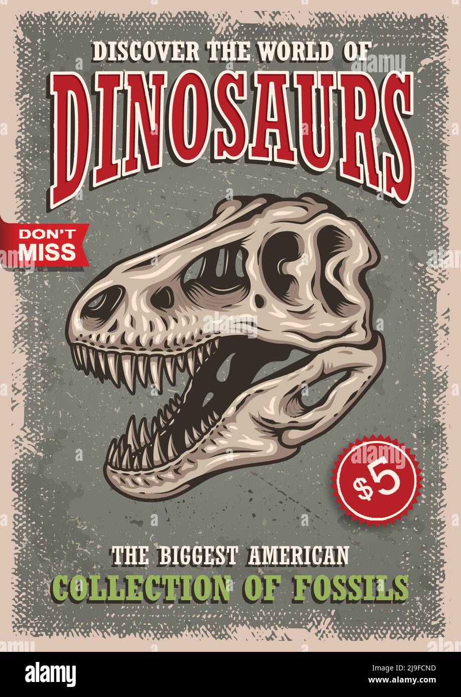 Vintage Dinosaurier Poster mit Totenkopf von Tyrannosaur mit Text, Abzeichen und Grunge Textur. Show, Ausstellung, Park. Stock Vektor